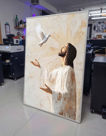 Jesus with Dove Wall Art, Holy Spirit Canvas, Inspirational Christian Artwork, Religious Home Decor, Divine Peace Painting,Christian Gift