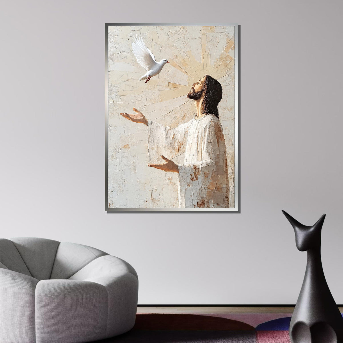 Jesus with Dove Wall Art, Holy Spirit Canvas, Inspirational Christian Artwork, Religious Home Decor, Divine Peace Painting,Christian Gift
