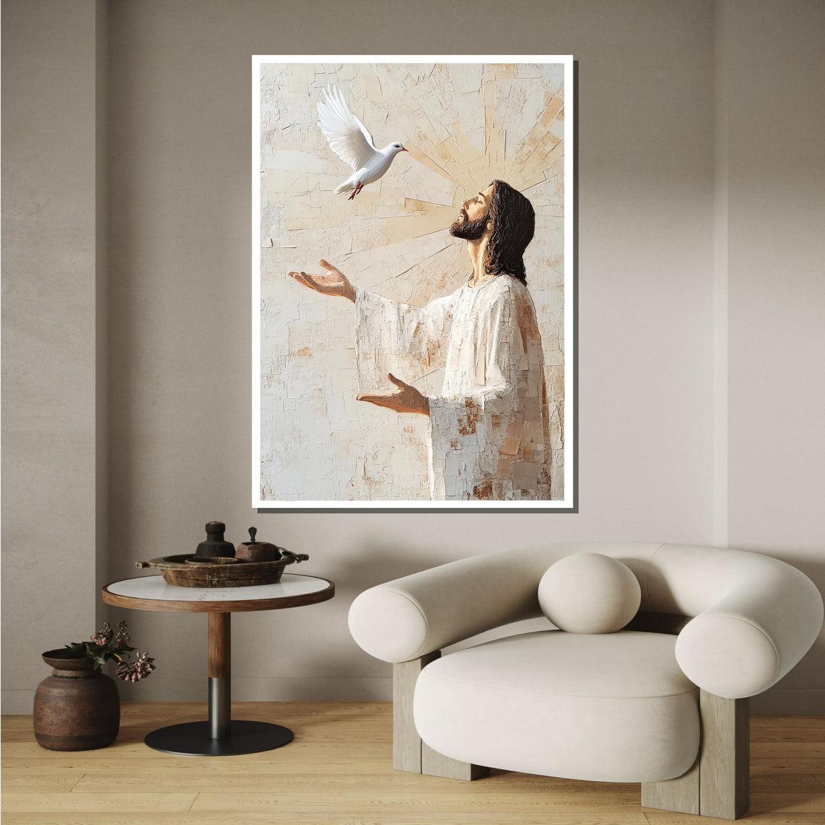 Jesus with Dove Wall Art, Holy Spirit Canvas, Inspirational Christian Artwork, Religious Home Decor, Divine Peace Painting,Christian Gift