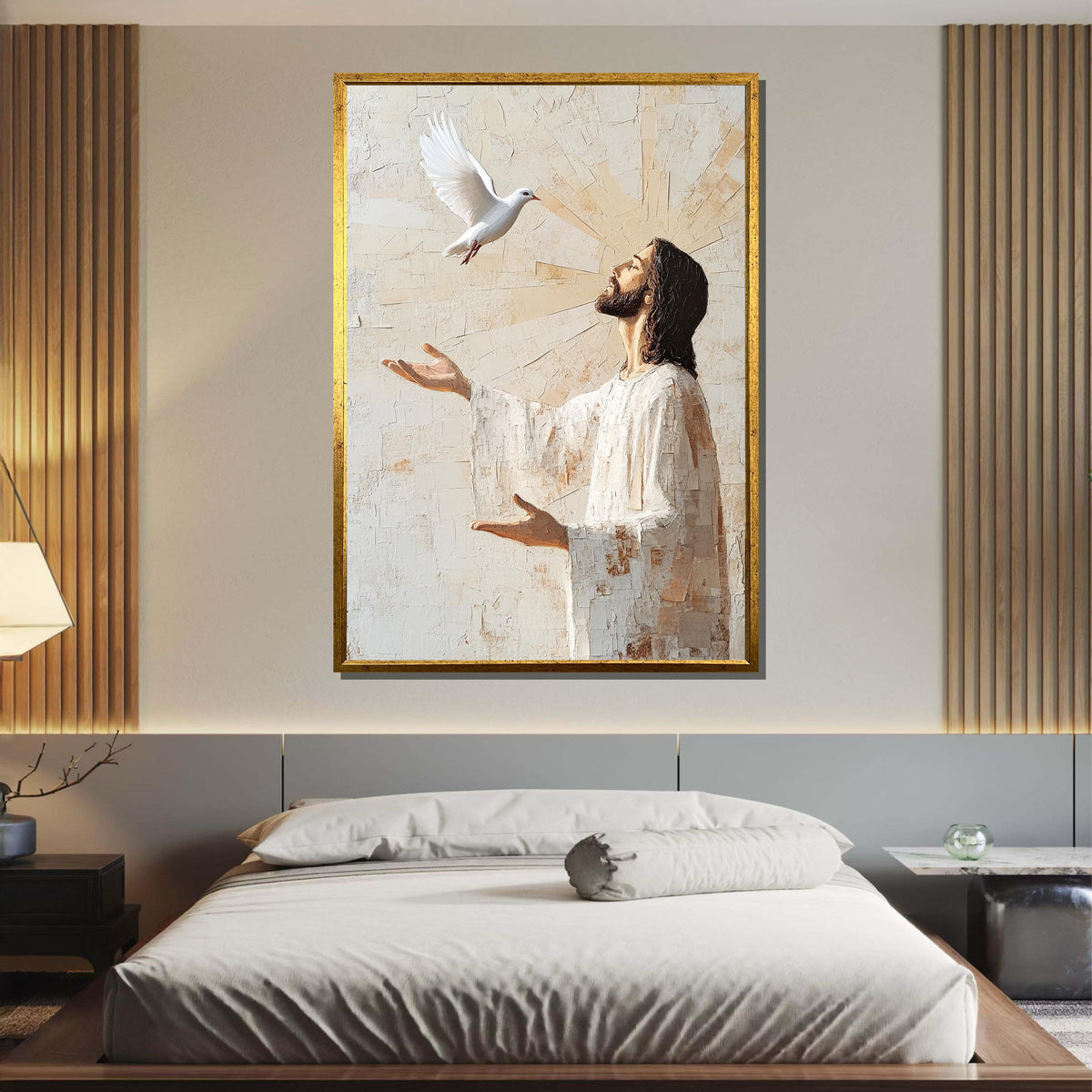 Jesus with Dove Wall Art, Holy Spirit Canvas, Inspirational Christian Artwork, Religious Home Decor, Divine Peace Painting,Christian Gift