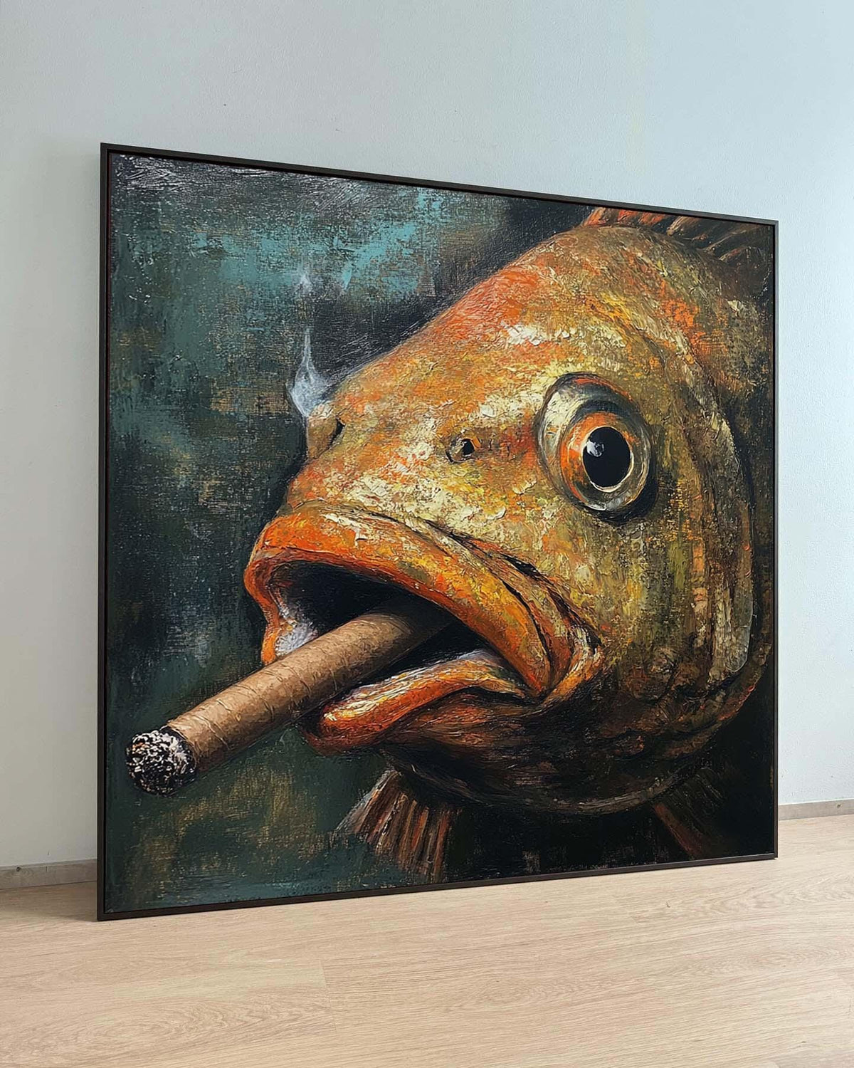 Smoking Fish Canvas,Humorous Fish Art,Quirky Animal Wall Decor,Unique Gift for Fish Lovers,Large Wall Art Living Room Art,Framed Ready Hang