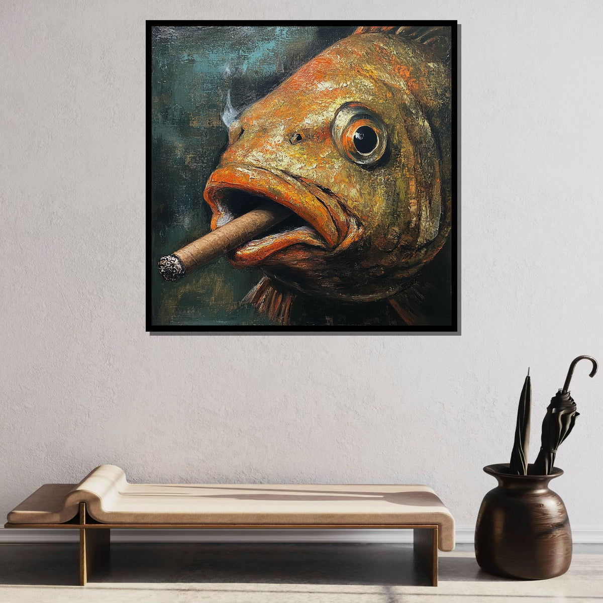 Smoking Fish Canvas,Humorous Fish Art,Quirky Animal Wall Decor,Unique Gift for Fish Lovers,Large Wall Art Living Room Art,Framed Ready Hang