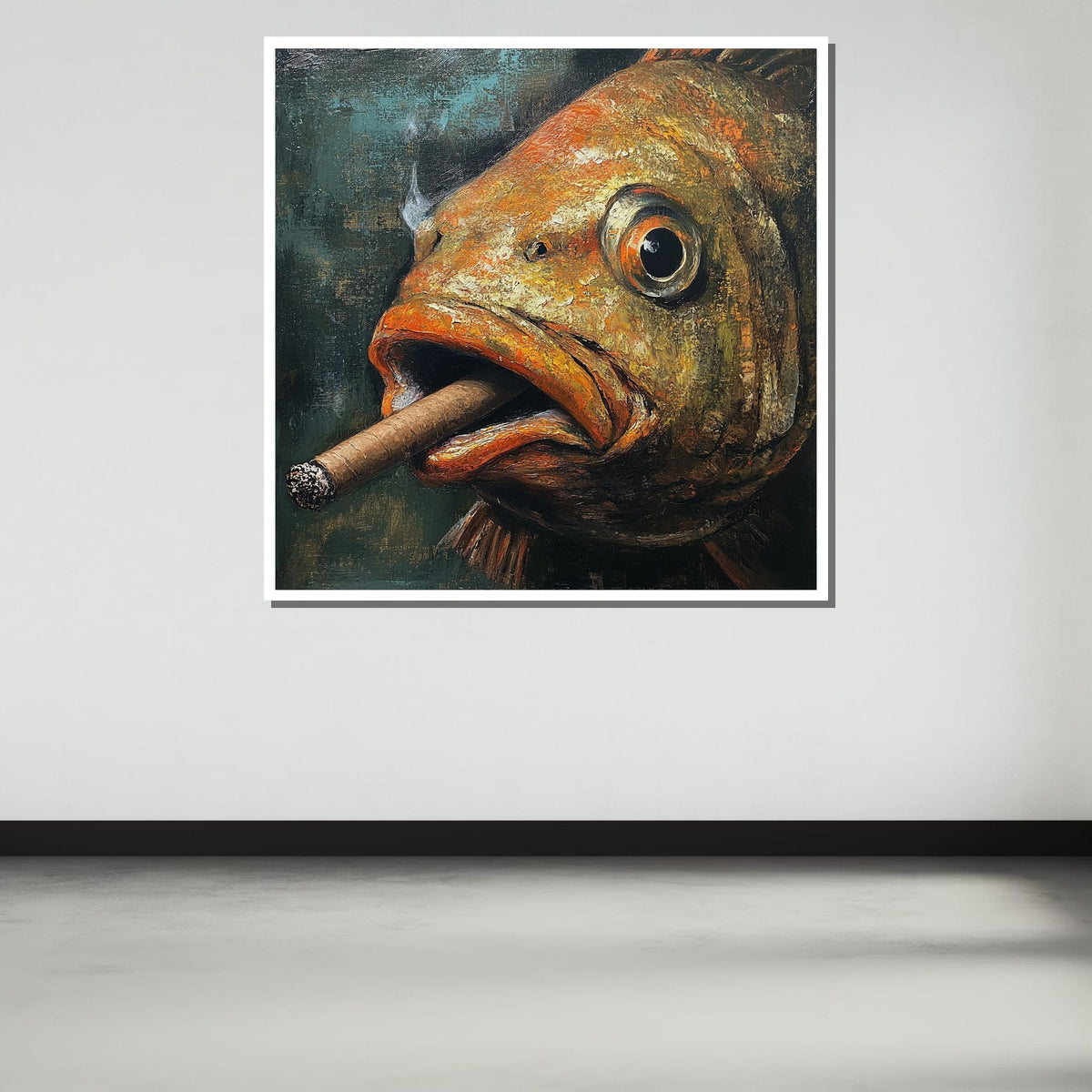 Smoking Fish Canvas,Humorous Fish Art,Quirky Animal Wall Decor,Unique Gift for Fish Lovers,Large Wall Art Living Room Art,Framed Ready Hang
