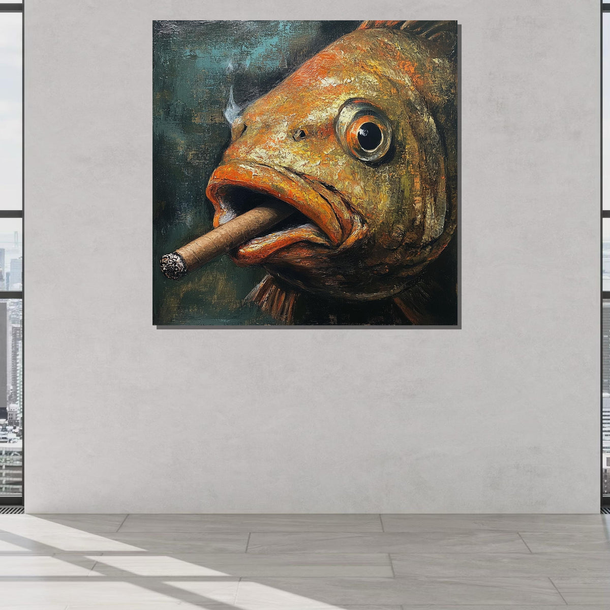 Smoking Fish Canvas,Humorous Fish Art,Quirky Animal Wall Decor,Unique Gift for Fish Lovers,Large Wall Art Living Room Art,Framed Ready Hang