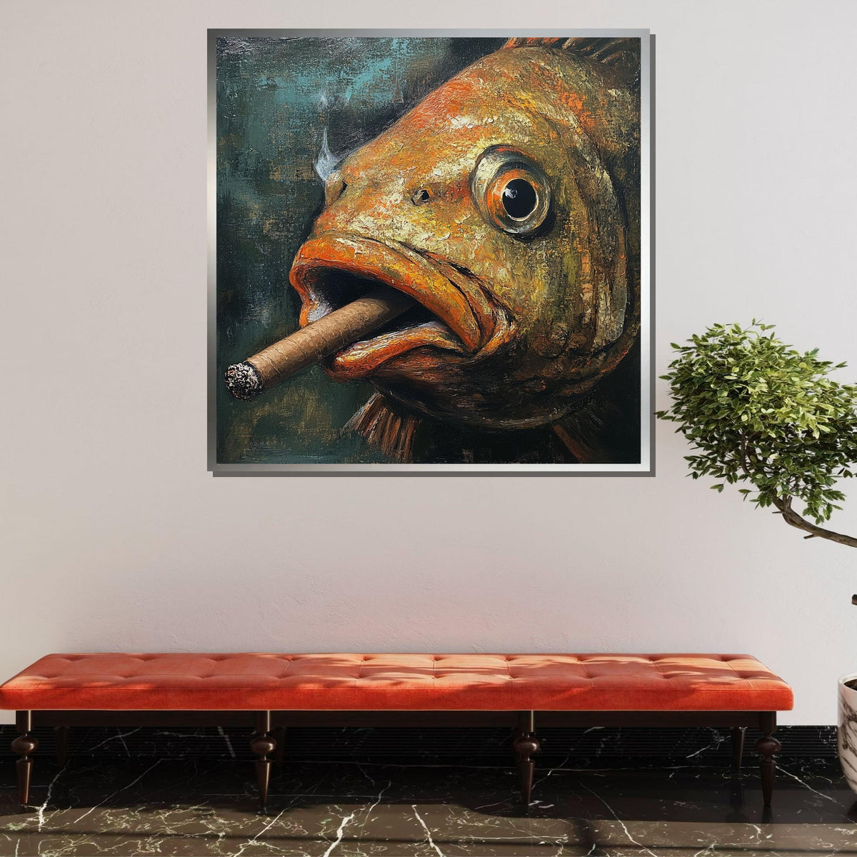 Smoking Fish Canvas,Humorous Fish Art,Quirky Animal Wall Decor,Unique Gift for Fish Lovers,Large Wall Art Living Room Art,Framed Ready Hang