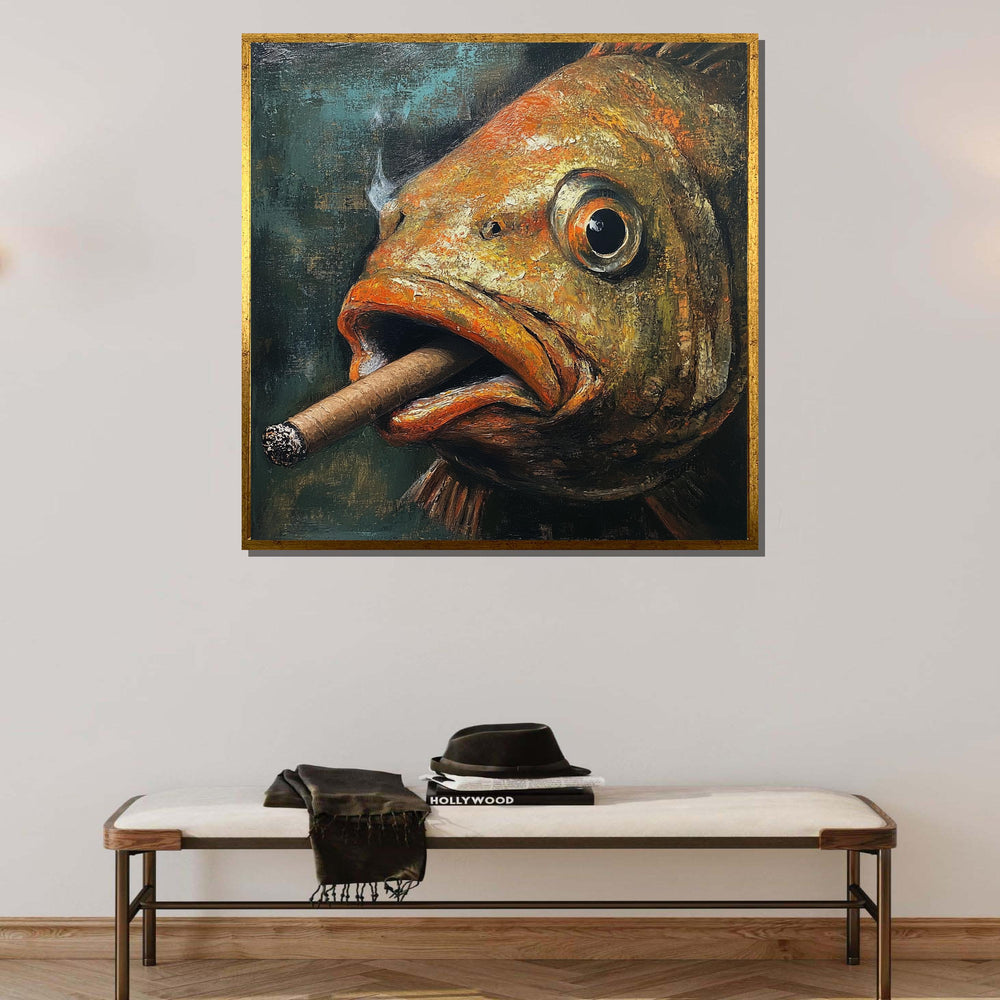 Smoking Fish Canvas,Humorous Fish Art,Quirky Animal Wall Decor,Unique Gift for Fish Lovers,Large Wall Art Living Room Art,Framed Ready Hang