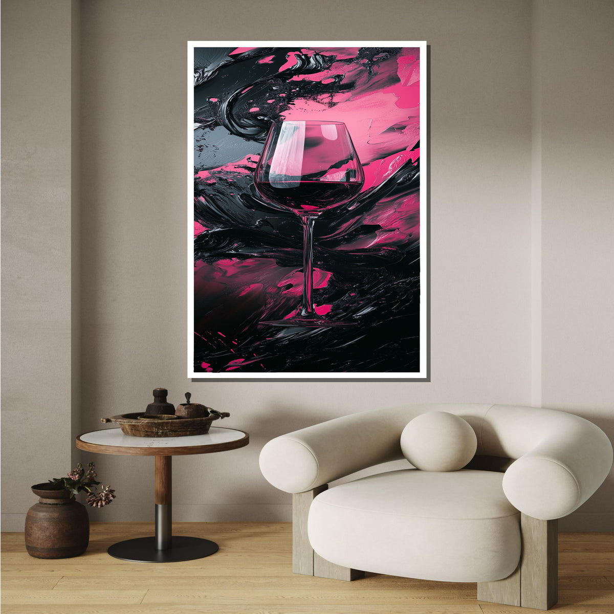 Abstract Wine Glass Canvas, Pink and Black Wine Art, Modern Kitchen Decor, Perfect Gift for Wine Lovers