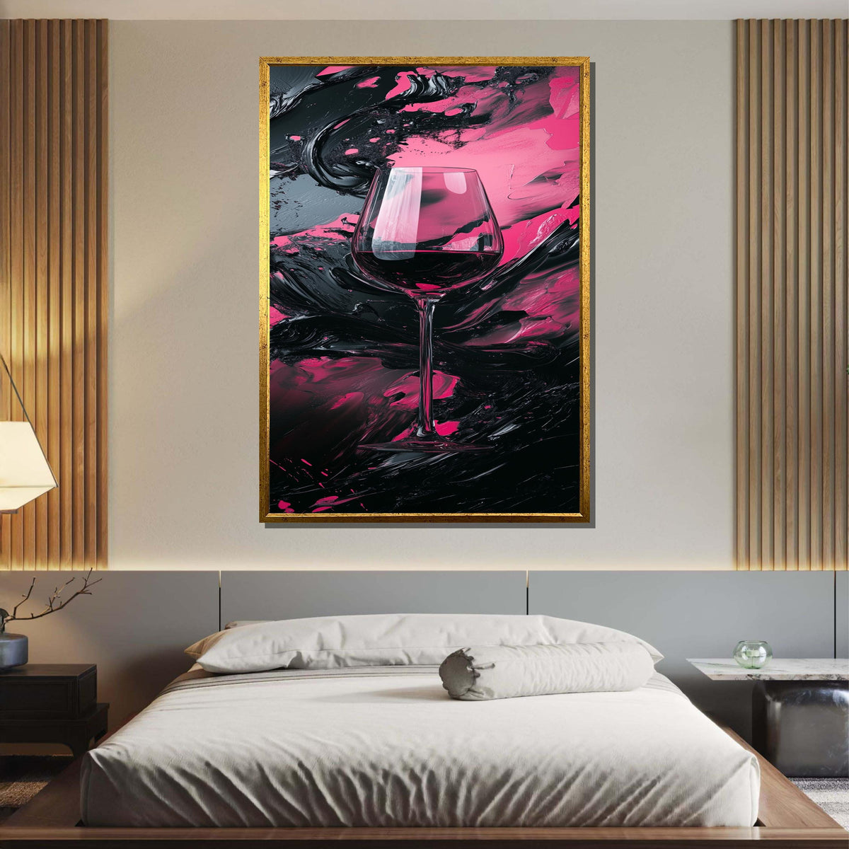 Abstract Wine Glass Canvas, Pink and Black Wine Art, Modern Kitchen Decor, Perfect Gift for Wine Lovers