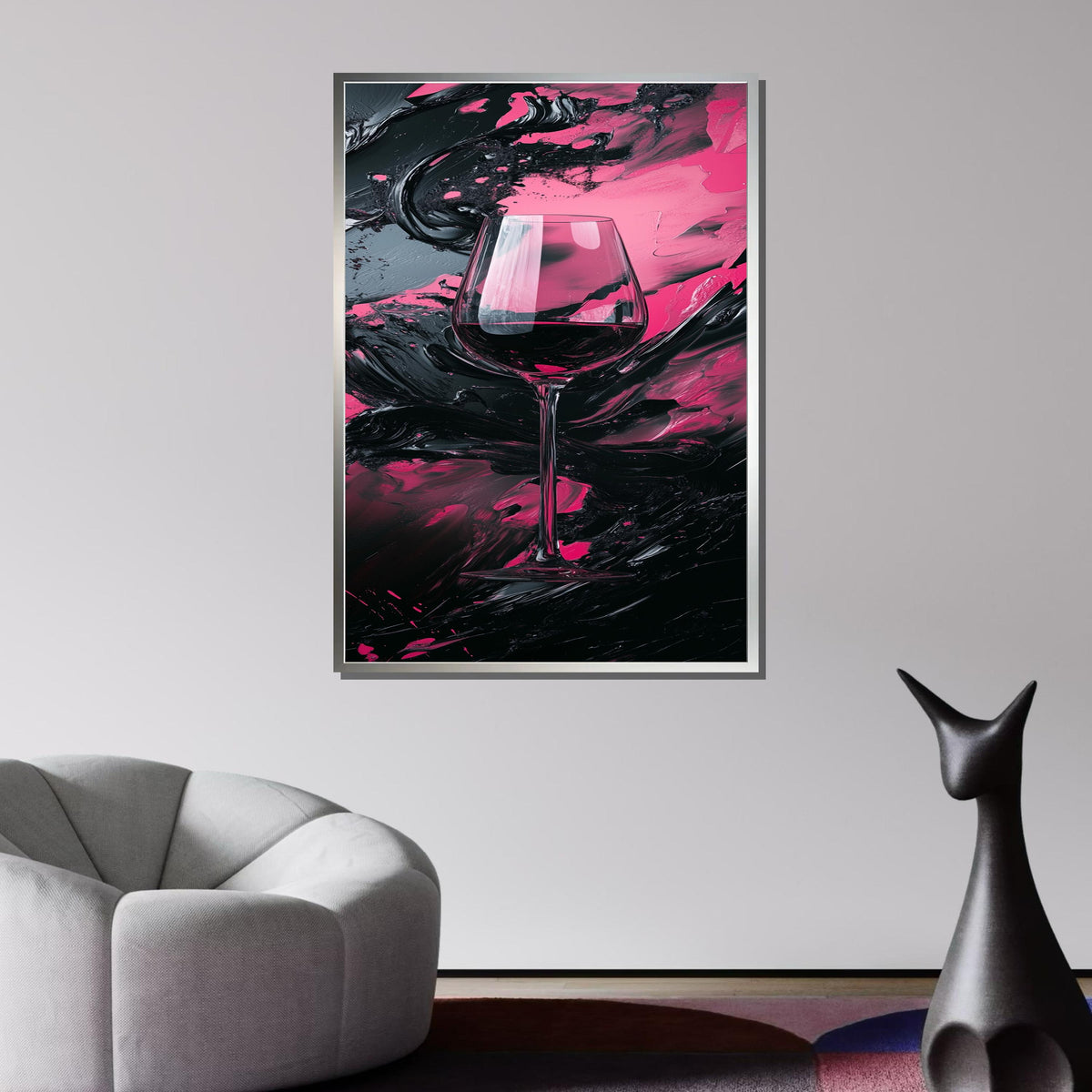Abstract Wine Glass Canvas, Pink and Black Wine Art, Modern Kitchen Decor, Perfect Gift for Wine Lovers