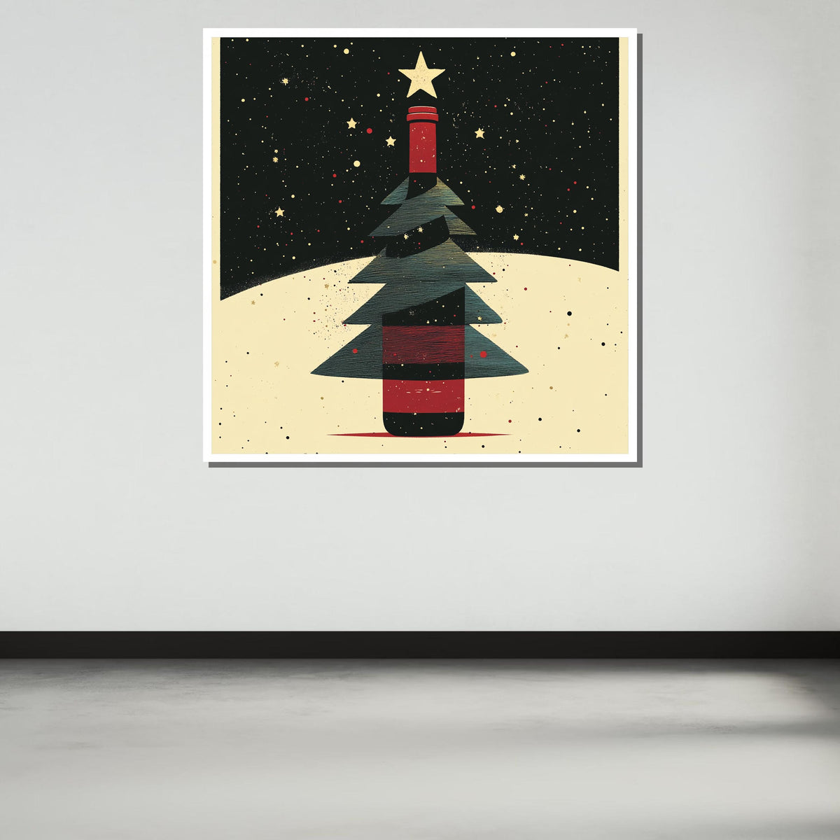 Wine Bottle Christmas Tree Print, Festive Holiday Wall Art, Modern Christmas Decor, Winter Wonderland Illustration, Unique Seasonal Artwork