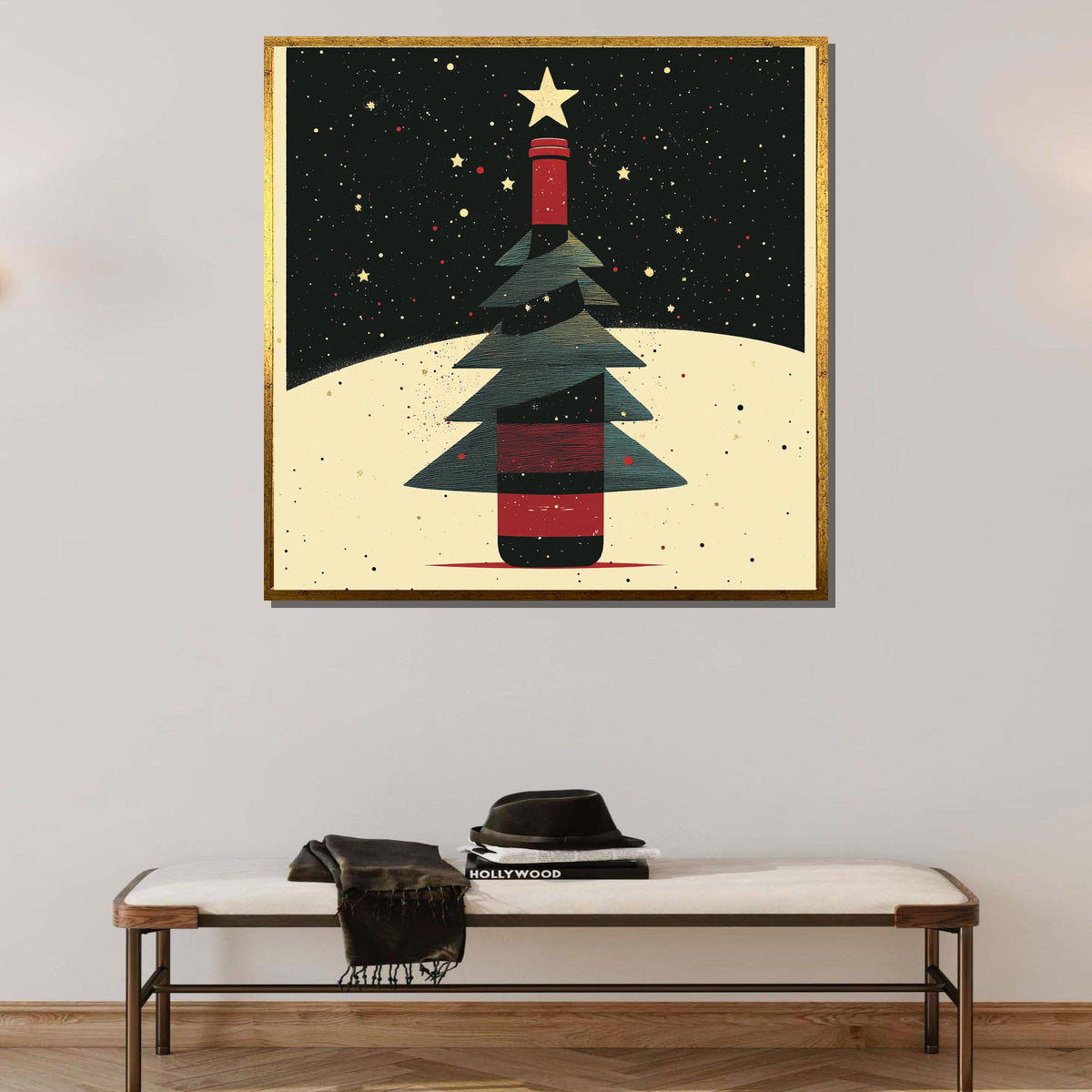 Wine Bottle Christmas Tree Print, Festive Holiday Wall Art, Modern Christmas Decor, Winter Wonderland Illustration, Unique Seasonal Artwork