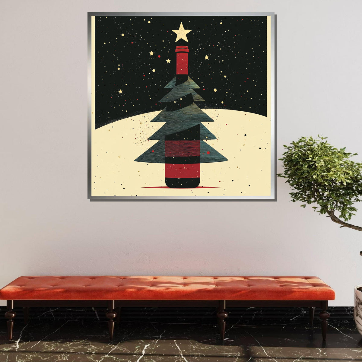 Wine Bottle Christmas Tree Print, Festive Holiday Wall Art, Modern Christmas Decor, Winter Wonderland Illustration, Unique Seasonal Artwork
