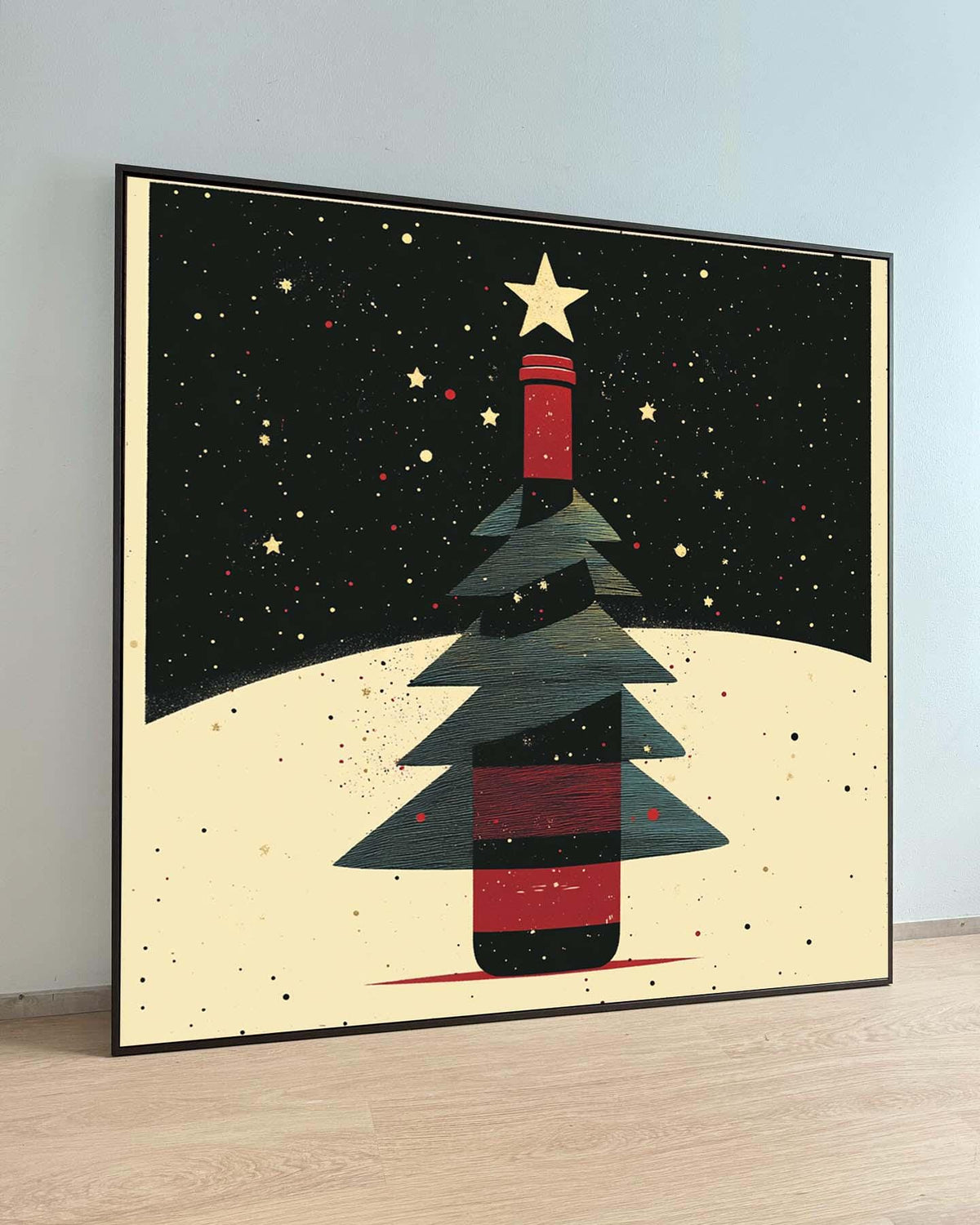 Wine Bottle Christmas Tree Print, Festive Holiday Wall Art, Modern Christmas Decor, Winter Wonderland Illustration, Unique Seasonal Artwork