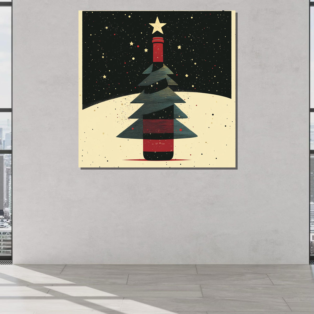 Wine Bottle Christmas Tree Print, Festive Holiday Wall Art, Modern Christmas Decor, Winter Wonderland Illustration, Unique Seasonal Artwork