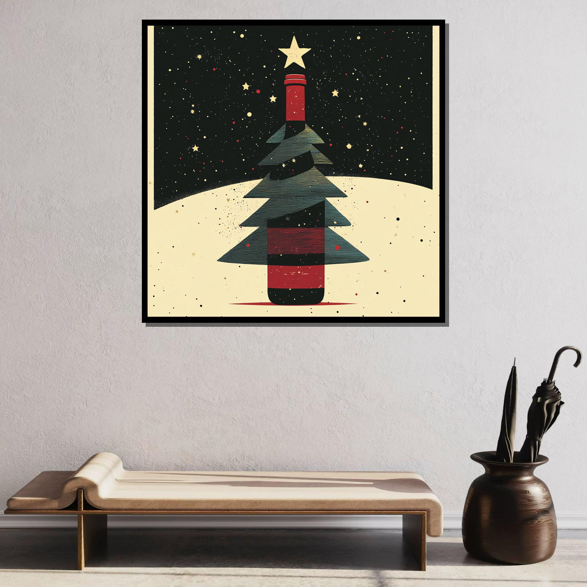 Wine Bottle Christmas Tree Print, Festive Holiday Wall Art, Modern Christmas Decor, Winter Wonderland Illustration, Unique Seasonal Artwork
