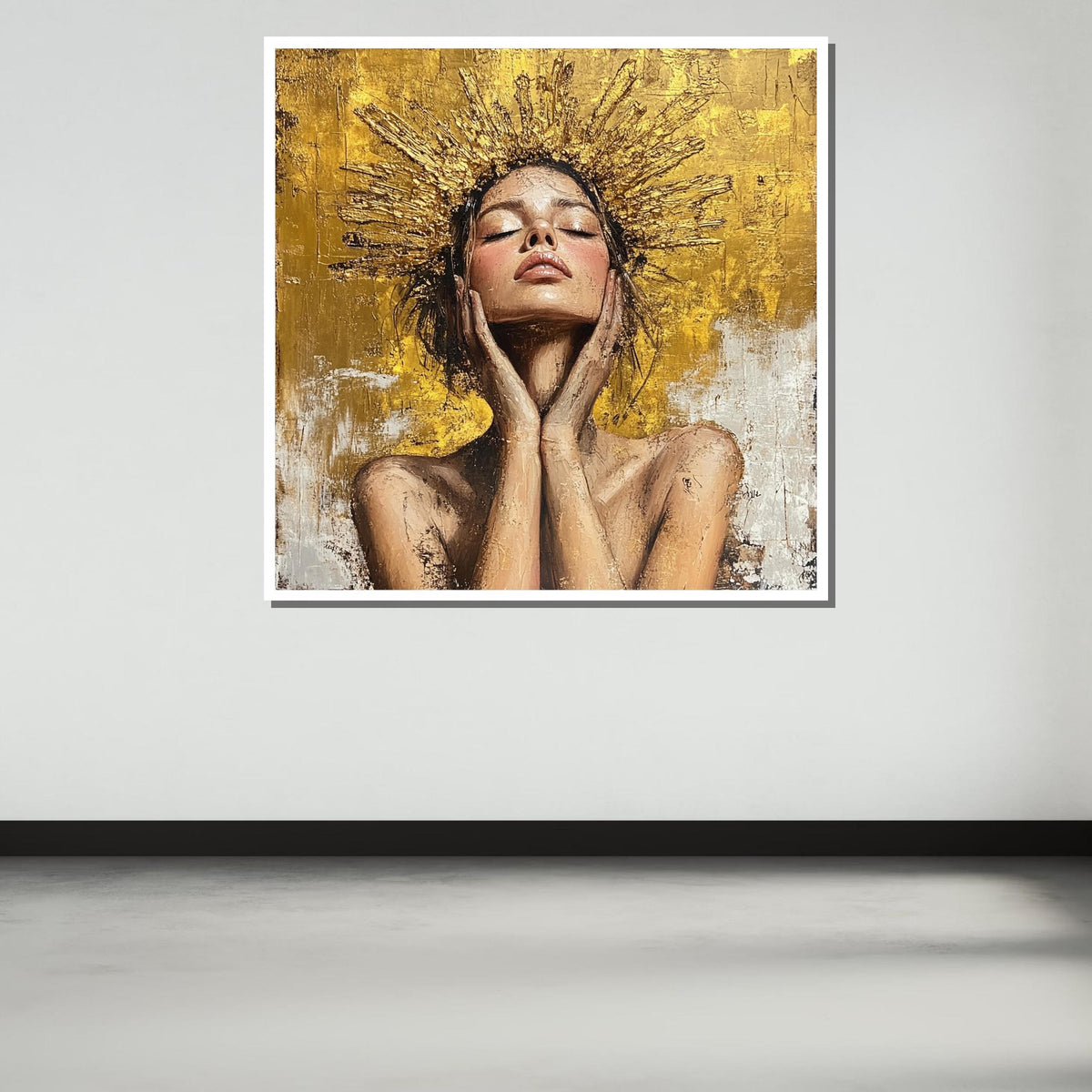 Golden Radiance Woman Canvas, Divine Feminine Art, Modern Halo Portrait,Gold Wall Decor, Inspirational Goddess Artwork,Ready to Hang