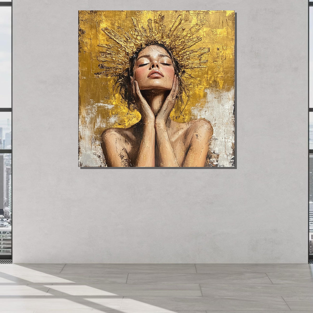 Golden Radiance Woman Canvas, Divine Feminine Art, Modern Halo Portrait,Gold Wall Decor, Inspirational Goddess Artwork,Ready to Hang