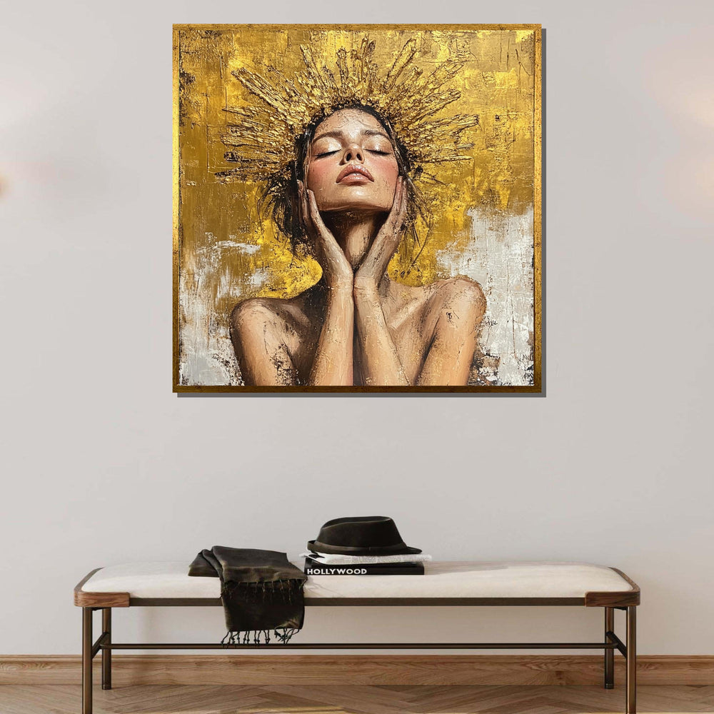 Golden Radiance Woman Canvas, Divine Feminine Art, Modern Halo Portrait,Gold Wall Decor, Inspirational Goddess Artwork,Ready to Hang