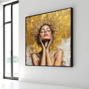 Golden Radiance Woman Canvas, Divine Feminine Art, Modern Halo Portrait,Gold Wall Decor, Inspirational Goddess Artwork,Ready to Hang