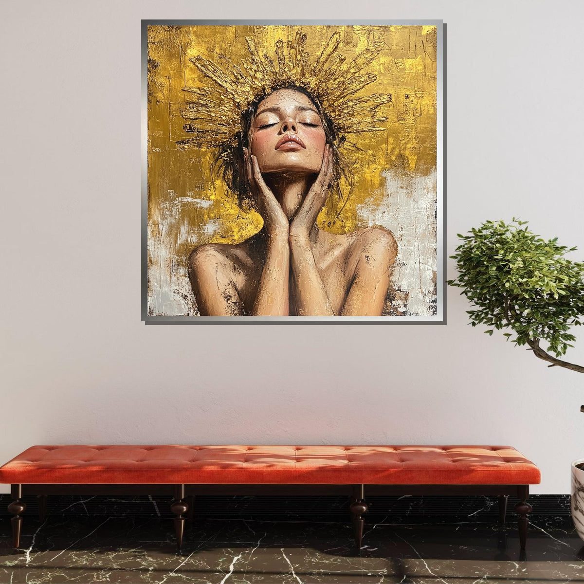Golden Radiance Woman Canvas, Divine Feminine Art, Modern Halo Portrait,Gold Wall Decor, Inspirational Goddess Artwork,Ready to Hang