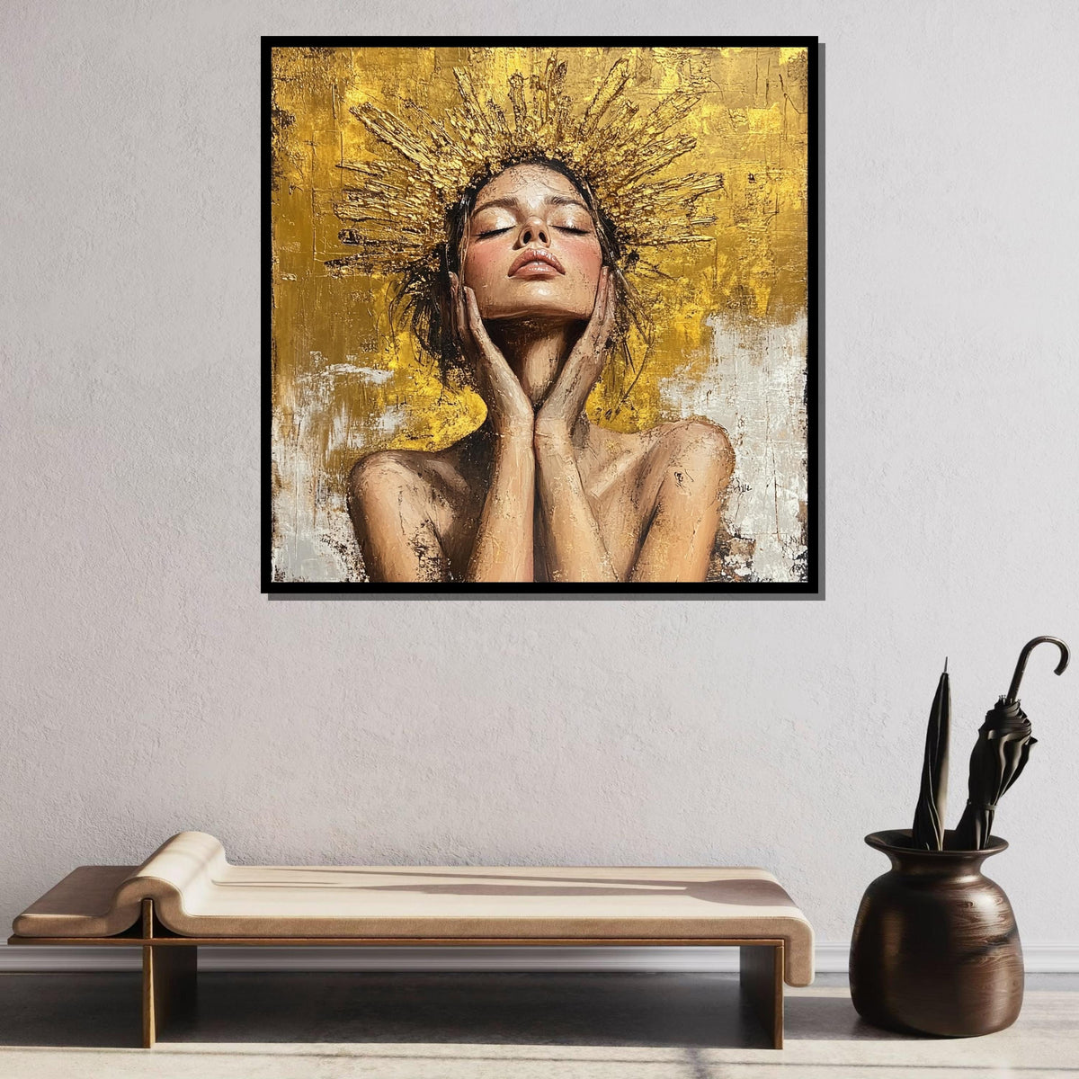 Golden Radiance Woman Canvas, Divine Feminine Art, Modern Halo Portrait,Gold Wall Decor, Inspirational Goddess Artwork,Ready to Hang