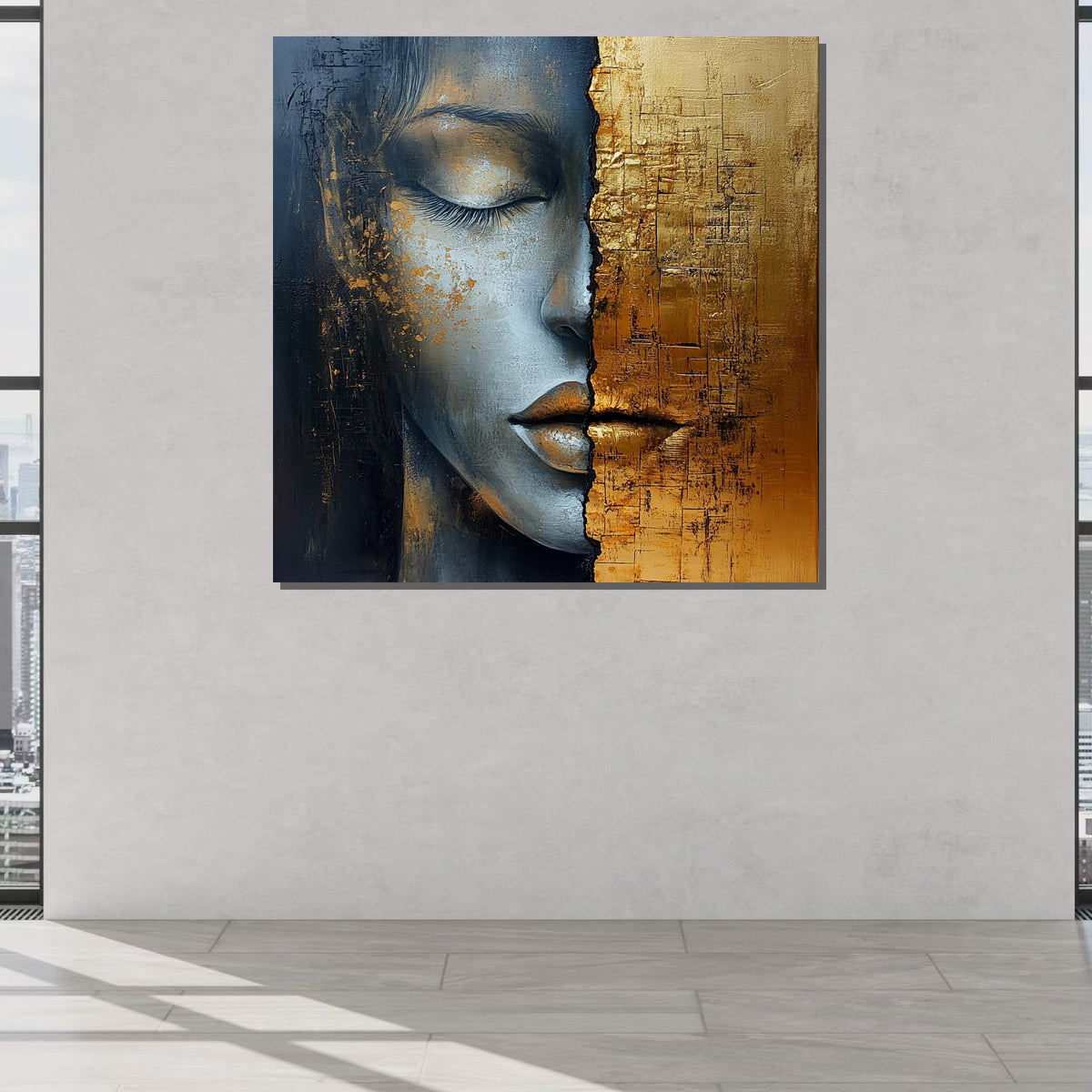 Golden Duality Woman Canvas, Abstract Face Art, Textured Gold and Gray Portrait, Modern Feminine Wall Decor,Contemporary Mixed Media Artwork