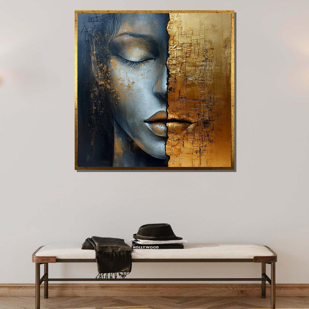 Golden Duality Woman Canvas, Abstract Face Art, Textured Gold and Gray Portrait, Modern Feminine Wall Decor,Contemporary Mixed Media Artwork