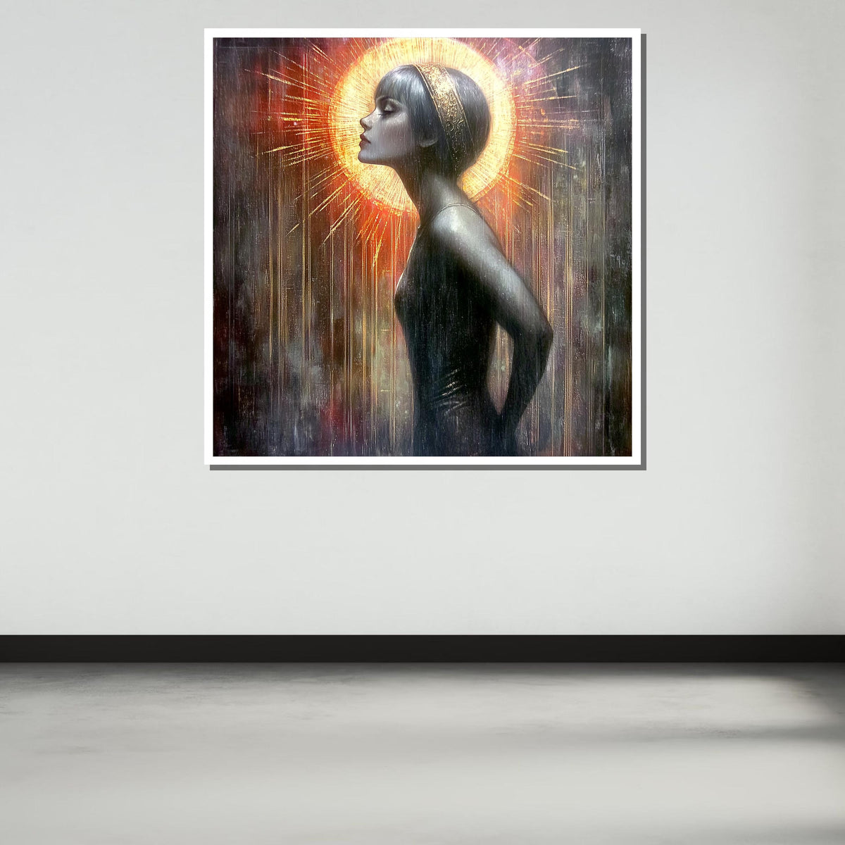 Ethereal Woman with Golden Halo, Abstract Portrait Canvas, Divine Feminine Art, Radiant Wall Decor, Ready to Hang