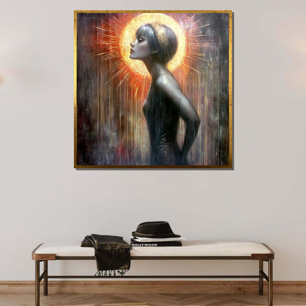 Ethereal Woman with Golden Halo, Abstract Portrait Canvas, Divine Feminine Art, Radiant Wall Decor, Ready to Hang