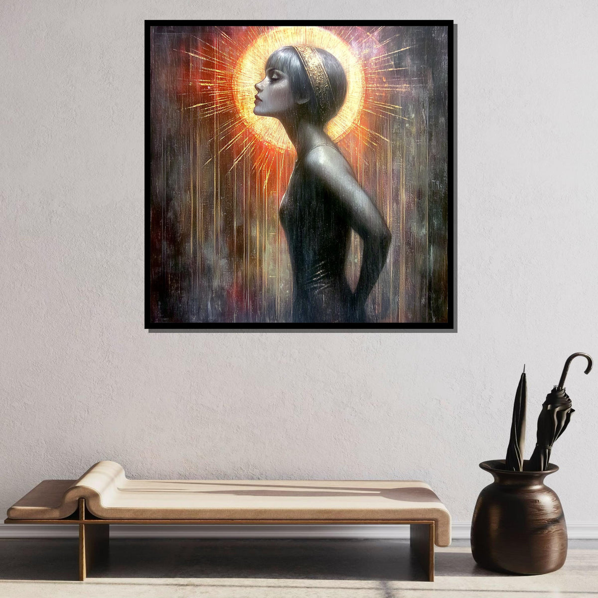 Ethereal Woman with Golden Halo, Abstract Portrait Canvas, Divine Feminine Art, Radiant Wall Decor, Ready to Hang