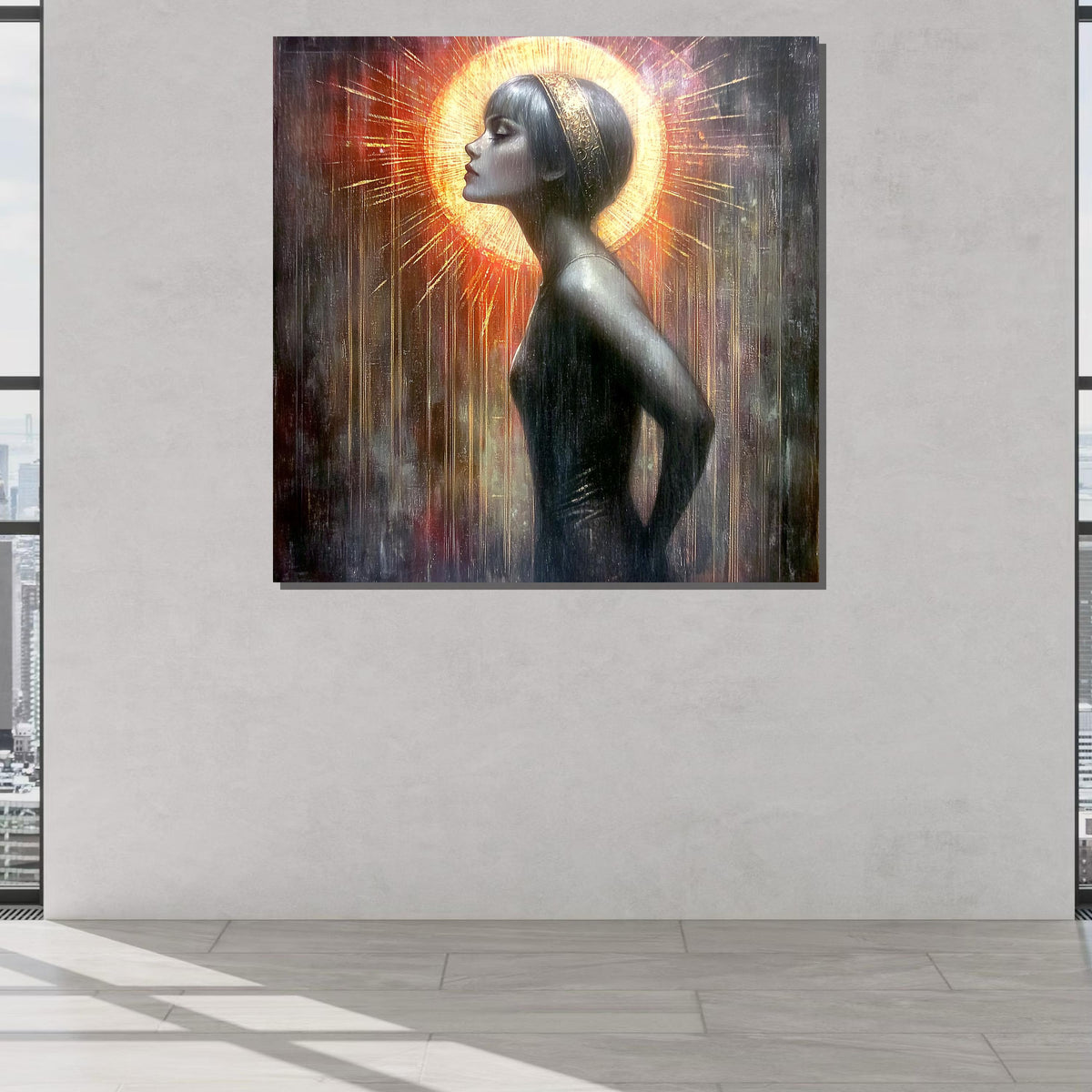 Ethereal Woman with Golden Halo, Abstract Portrait Canvas, Divine Feminine Art, Radiant Wall Decor, Ready to Hang