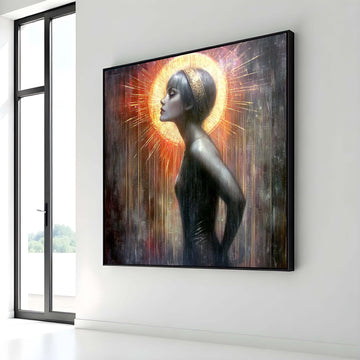 Ethereal Woman with Golden Halo, Abstract Portrait Canvas, Divine Feminine Art, Radiant Wall Decor, Ready to Hang