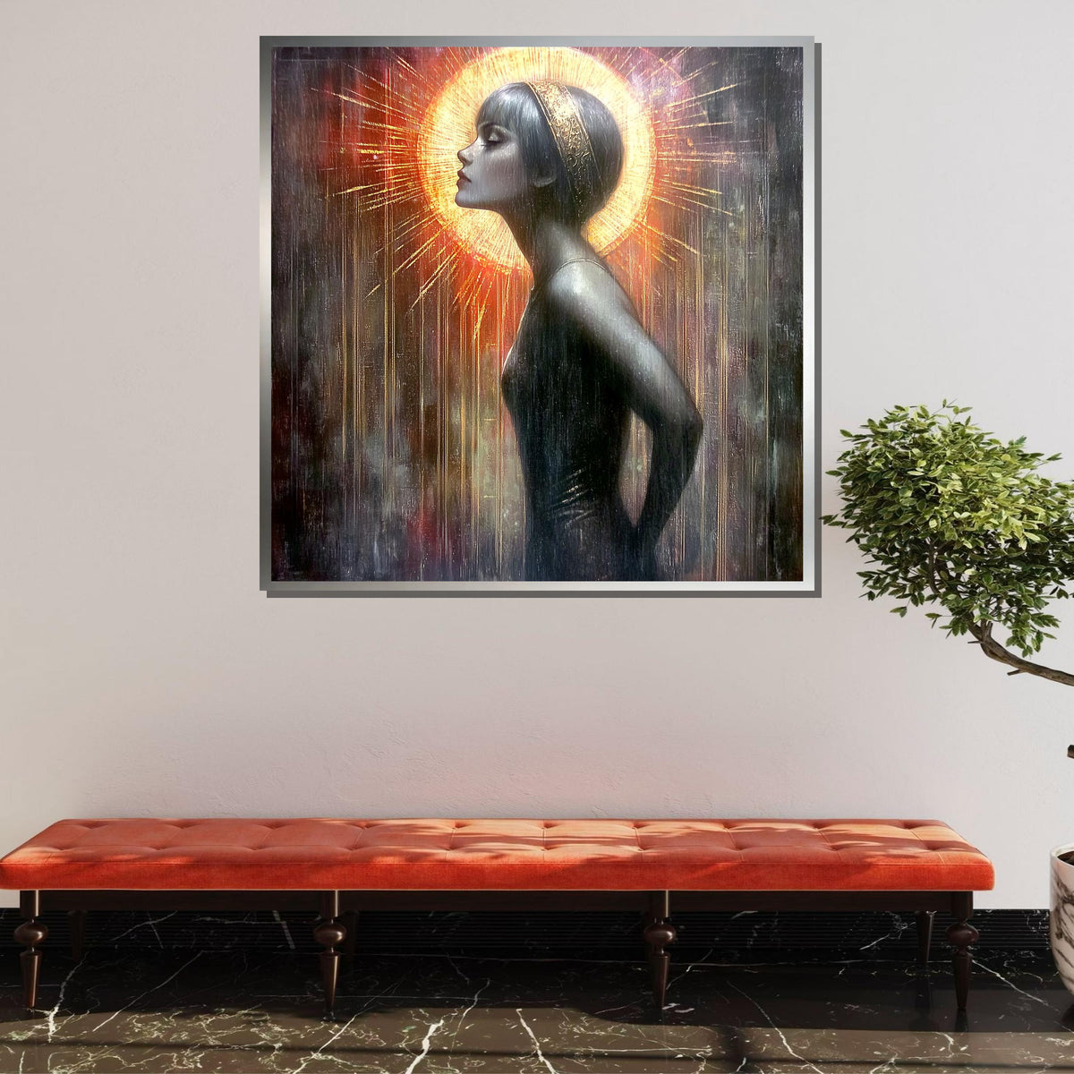 Ethereal Woman with Golden Halo, Abstract Portrait Canvas, Divine Feminine Art, Radiant Wall Decor, Ready to Hang