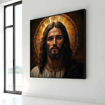 Sacred Jesus Portrait Canvas, Radiant Halo Religious Art, Divine Savior Wall Decor, Inspirational Christian Artwork, Spiritual Faith Icon