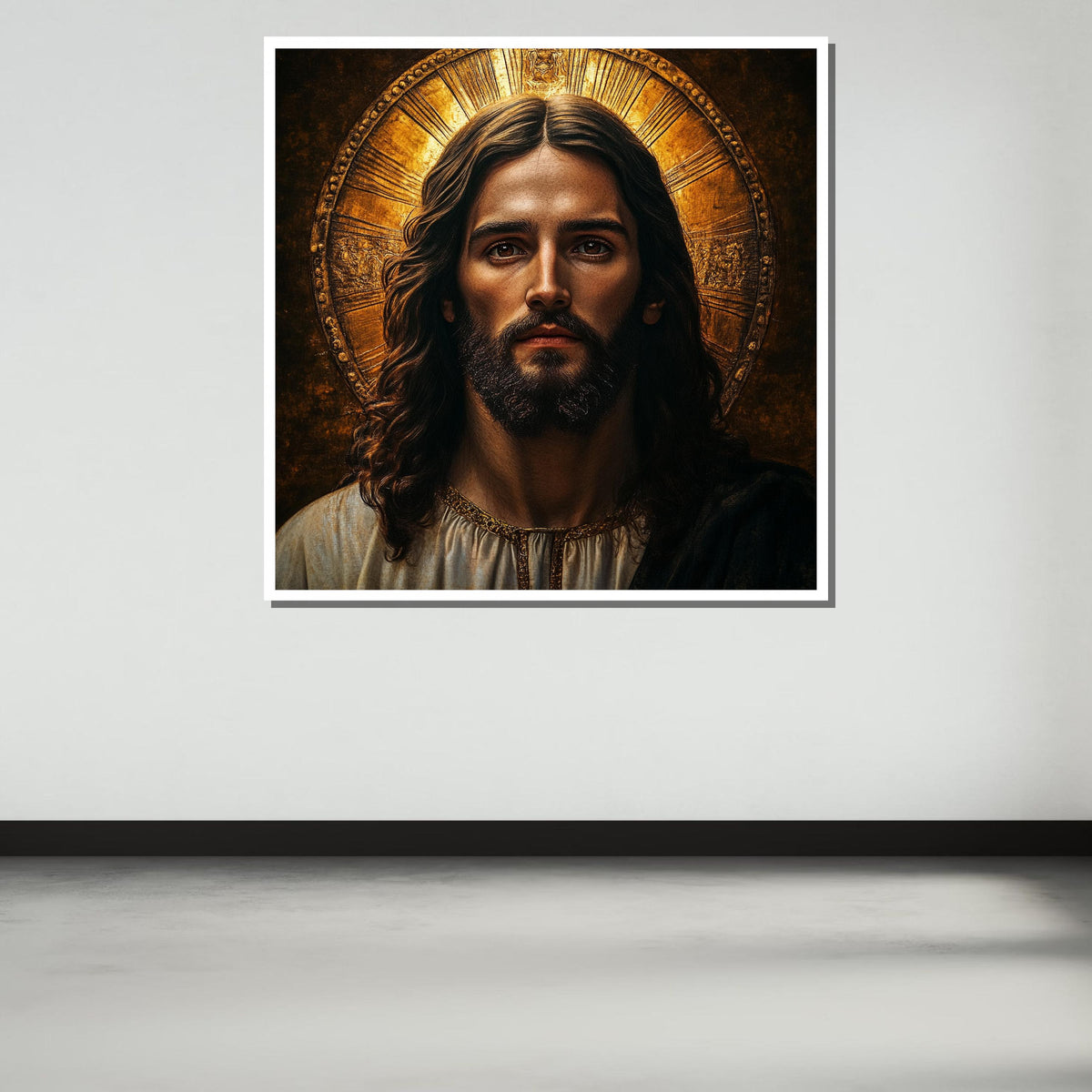 Sacred Jesus Portrait Canvas, Radiant Halo Religious Art, Divine Savior Wall Decor, Inspirational Christian Artwork, Spiritual Faith Icon