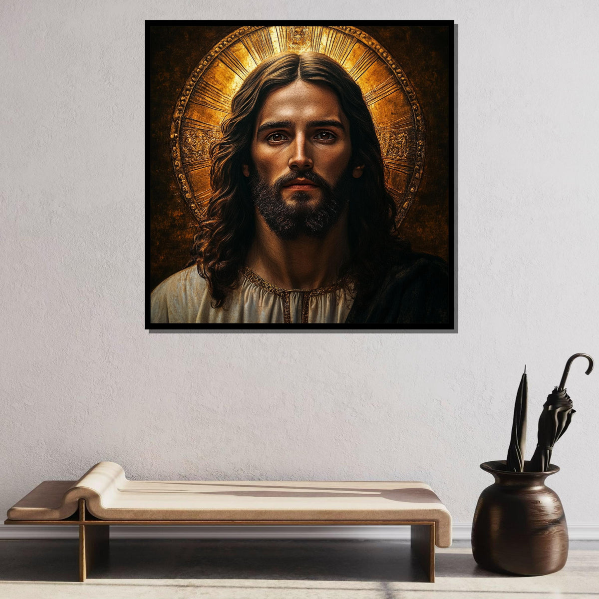 Sacred Jesus Portrait Canvas, Radiant Halo Religious Art, Divine Savior Wall Decor, Inspirational Christian Artwork, Spiritual Faith Icon