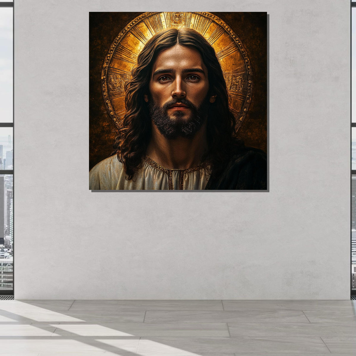 Sacred Jesus Portrait Canvas, Radiant Halo Religious Art, Divine Savior Wall Decor, Inspirational Christian Artwork, Spiritual Faith Icon