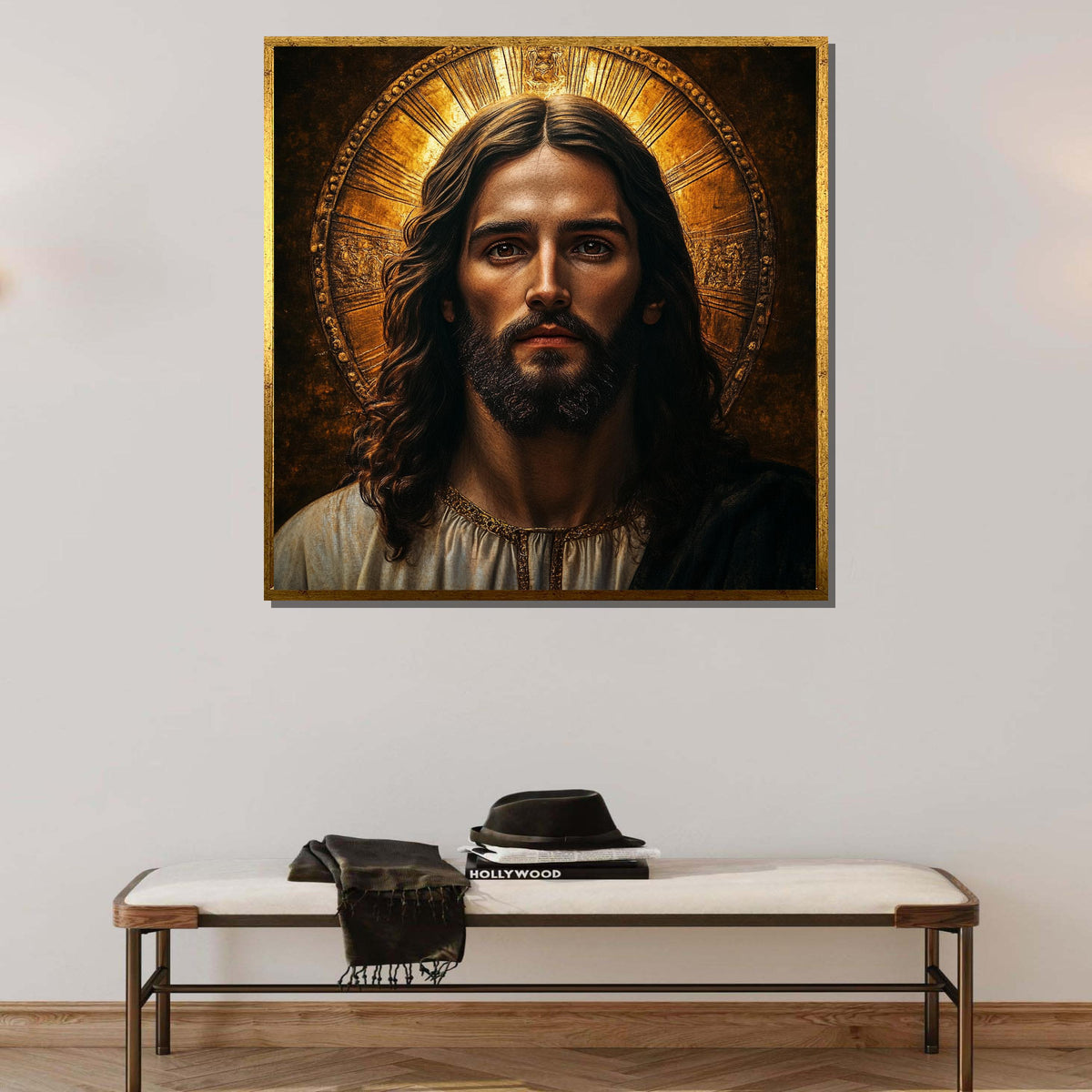 Sacred Jesus Portrait Canvas, Radiant Halo Religious Art, Divine Savior Wall Decor, Inspirational Christian Artwork, Spiritual Faith Icon