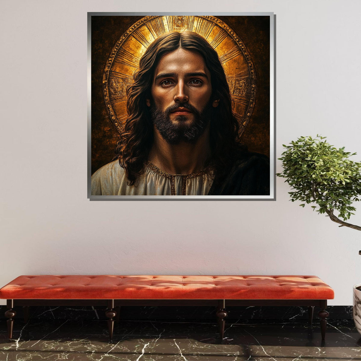 Sacred Jesus Portrait Canvas, Radiant Halo Religious Art, Divine Savior Wall Decor, Inspirational Christian Artwork, Spiritual Faith Icon