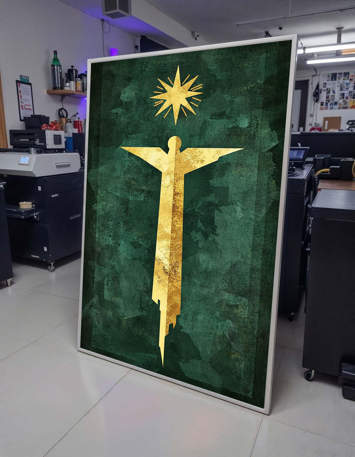 Golden Angel and Star Modern Art, Minimalist Angel on Green, Spiritual Wall Decor, Ready to Hang Canvas, Bold Christian Artwork