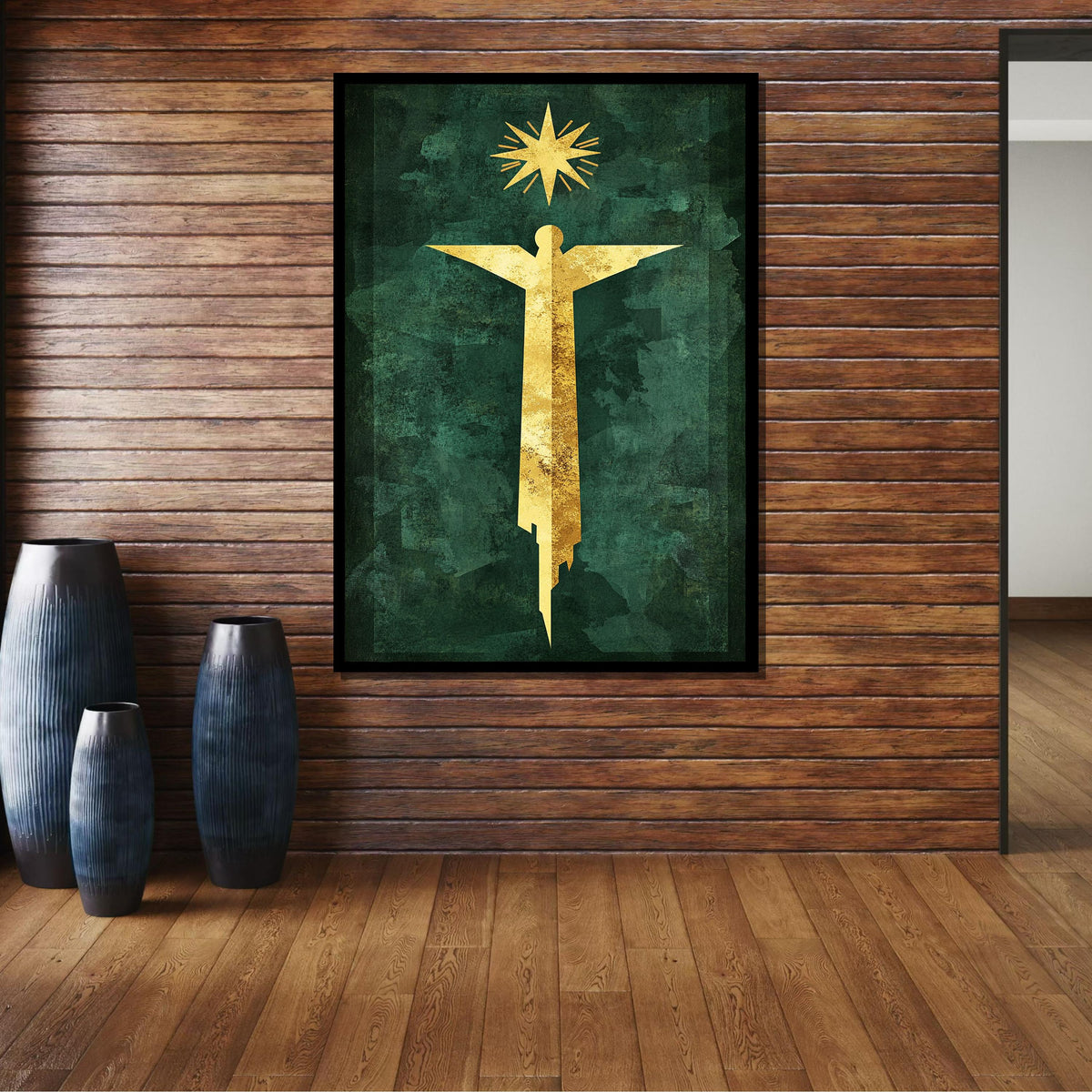 Golden Angel and Star Modern Art, Minimalist Angel on Green, Spiritual Wall Decor, Ready to Hang Canvas, Bold Christian Artwork