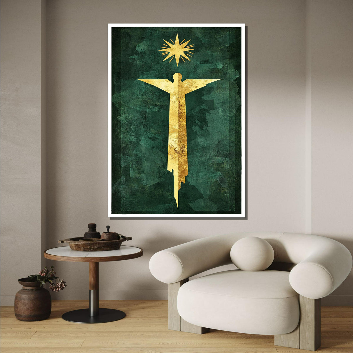 Golden Angel and Star Modern Art, Minimalist Angel on Green, Spiritual Wall Decor, Ready to Hang Canvas, Bold Christian Artwork