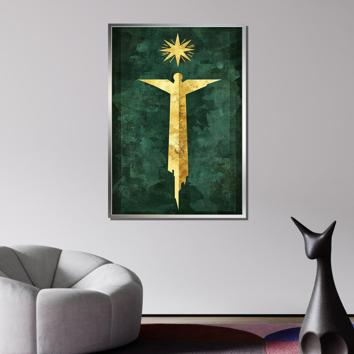 Golden Angel and Star Modern Art, Minimalist Angel on Green, Spiritual Wall Decor, Ready to Hang Canvas, Bold Christian Artwork