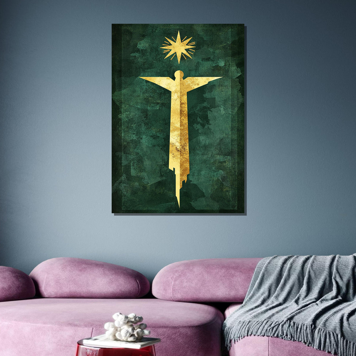 Golden Angel and Star Modern Art, Minimalist Angel on Green, Spiritual Wall Decor, Ready to Hang Canvas, Bold Christian Artwork