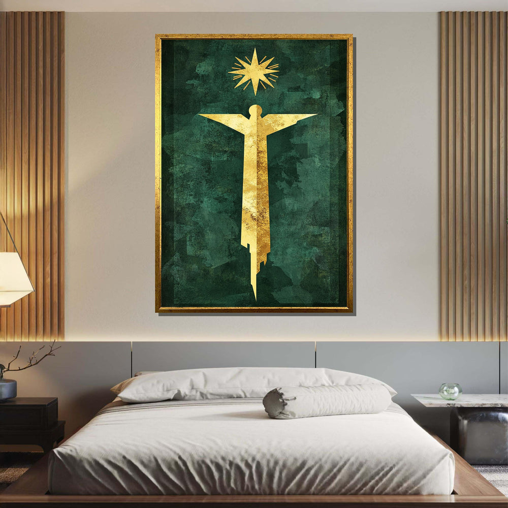 Golden Angel and Star Modern Art, Minimalist Angel on Green, Spiritual Wall Decor, Ready to Hang Canvas, Bold Christian Artwork