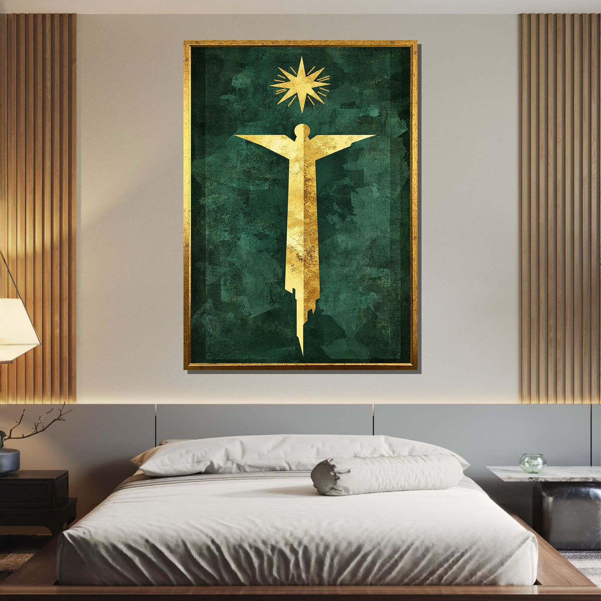 Golden Angel and Star Modern Art, Minimalist Angel on Green, Spiritual Wall Decor, Ready to Hang Canvas, Bold Christian Artwork