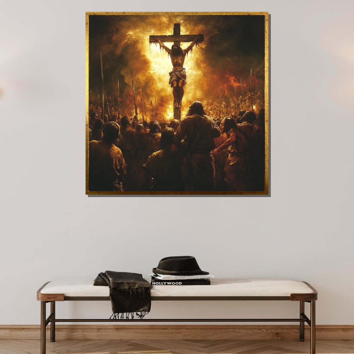 Powerful Crucifixion Canvas Art, Jesus on the Cross, Religious Wall Art, Biblical Scene Print,Divine Assembly Decor,Ready to Hang