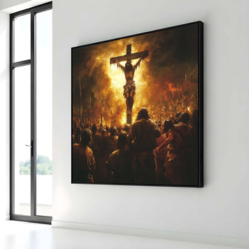 Powerful Crucifixion Canvas Art, Jesus on the Cross, Religious Wall Art, Biblical Scene Print,Divine Assembly Decor,Ready to Hang
