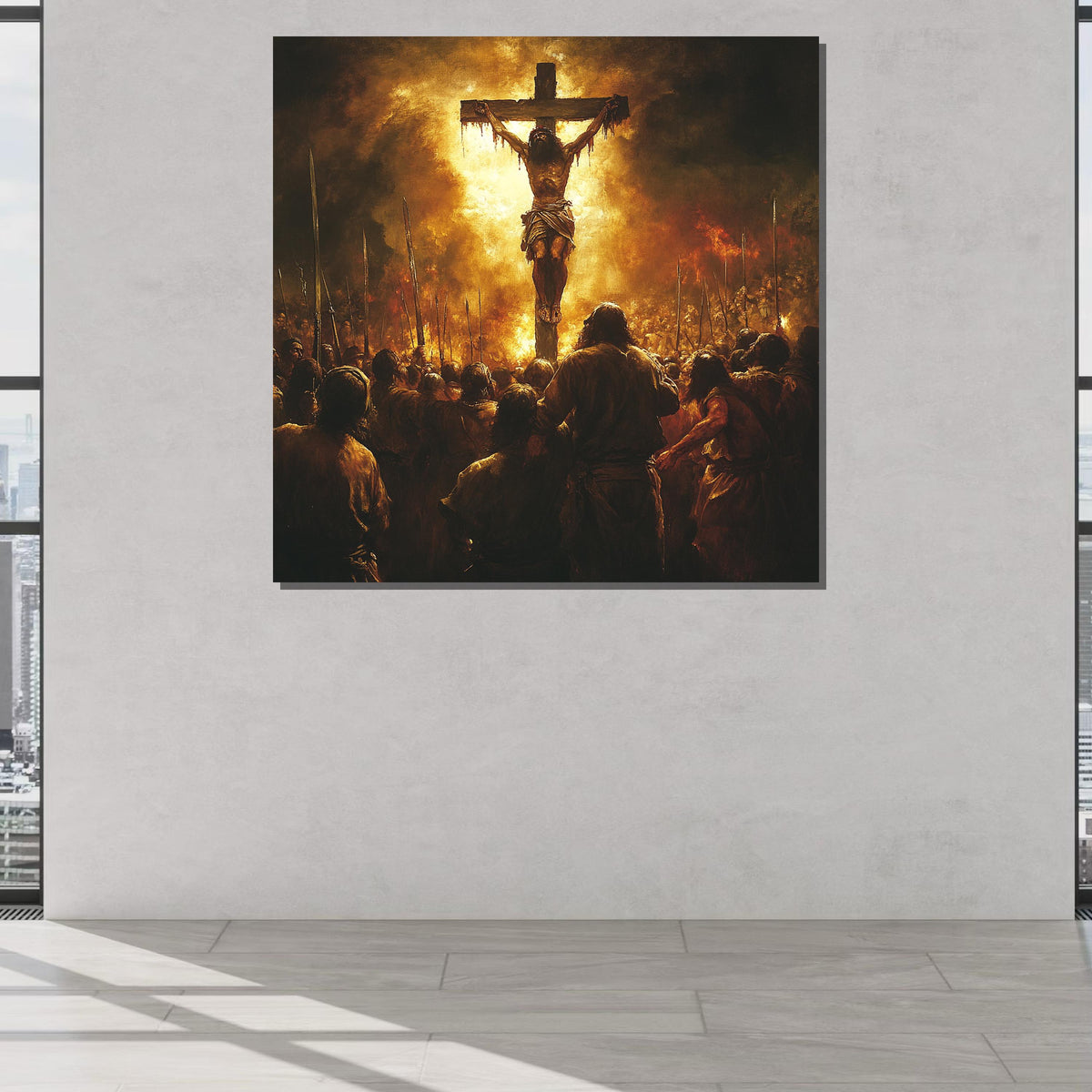 Powerful Crucifixion Canvas Art, Jesus on the Cross, Religious Wall Art, Biblical Scene Print,Divine Assembly Decor,Ready to Hang