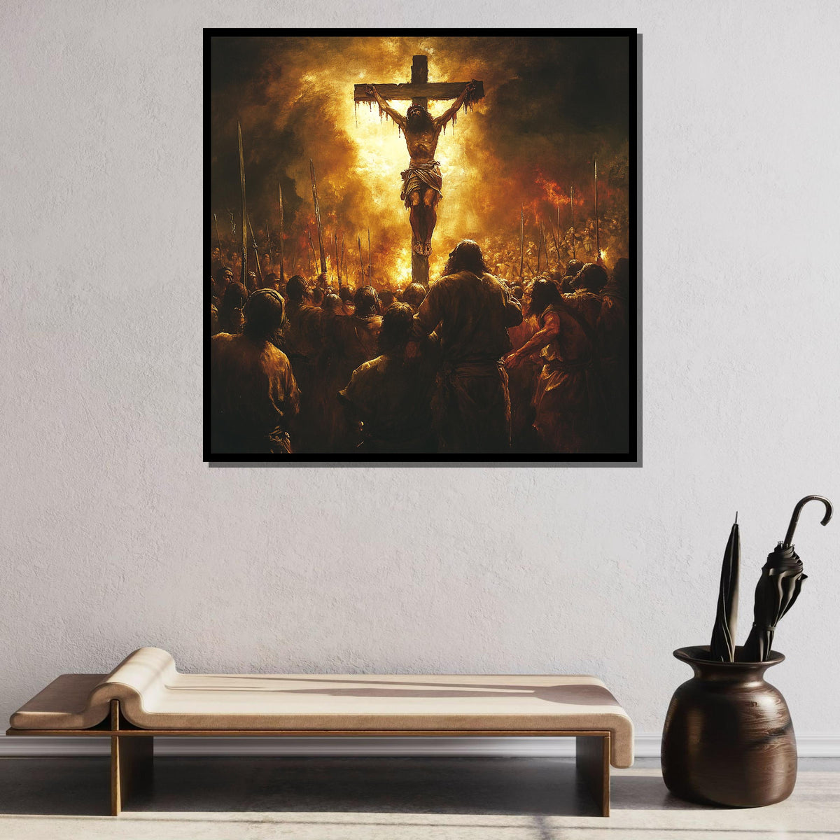 Powerful Crucifixion Canvas Art, Jesus on the Cross, Religious Wall Art, Biblical Scene Print,Divine Assembly Decor,Ready to Hang